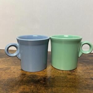Set of 2 Vintage Fiesta HLC O Ring Handle Coffee Mugs USA Blue Green Rainbow